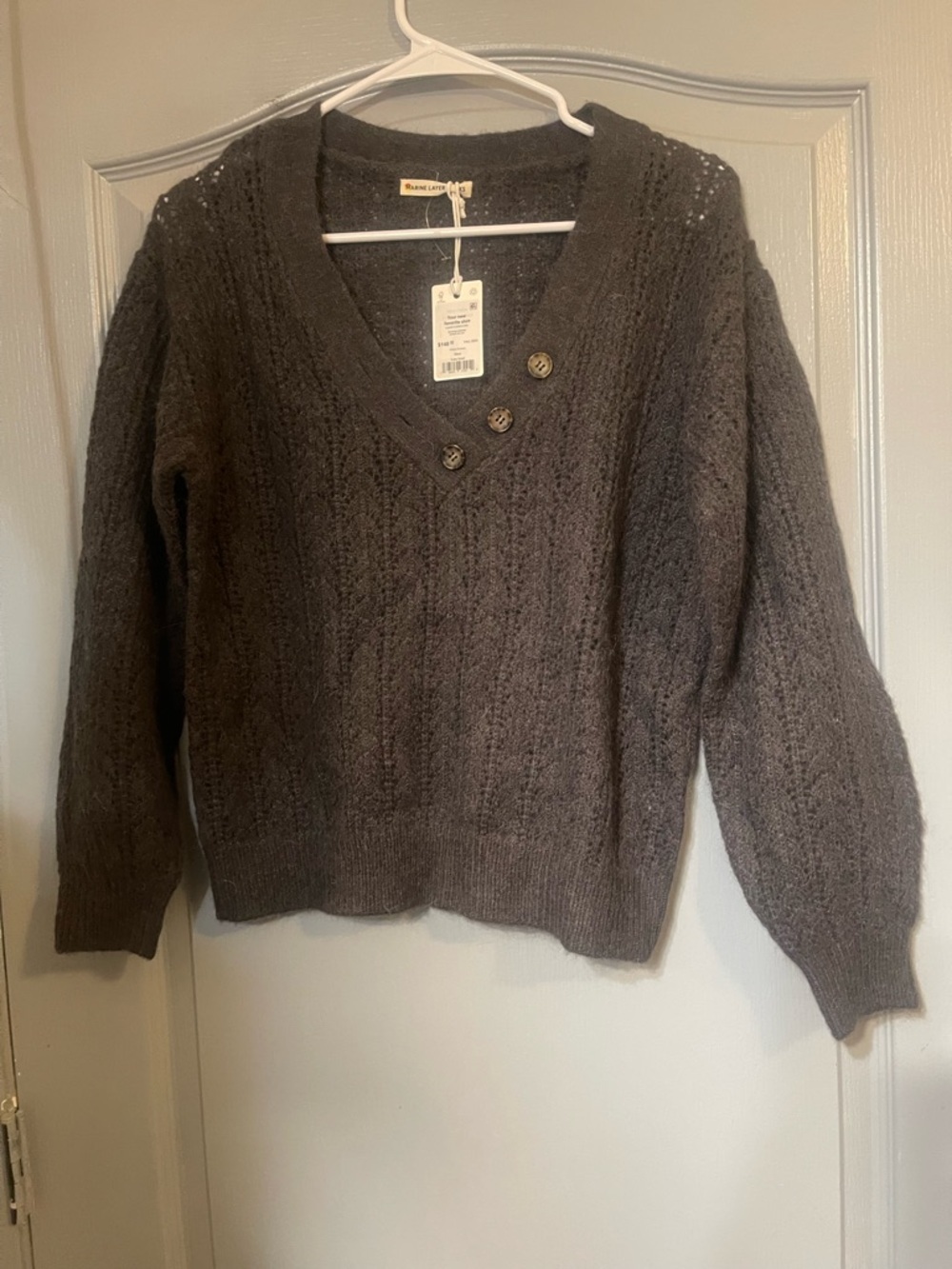 Marine Layer Dark Brown Cable-Knit V-Neck Sweater with Button Trim